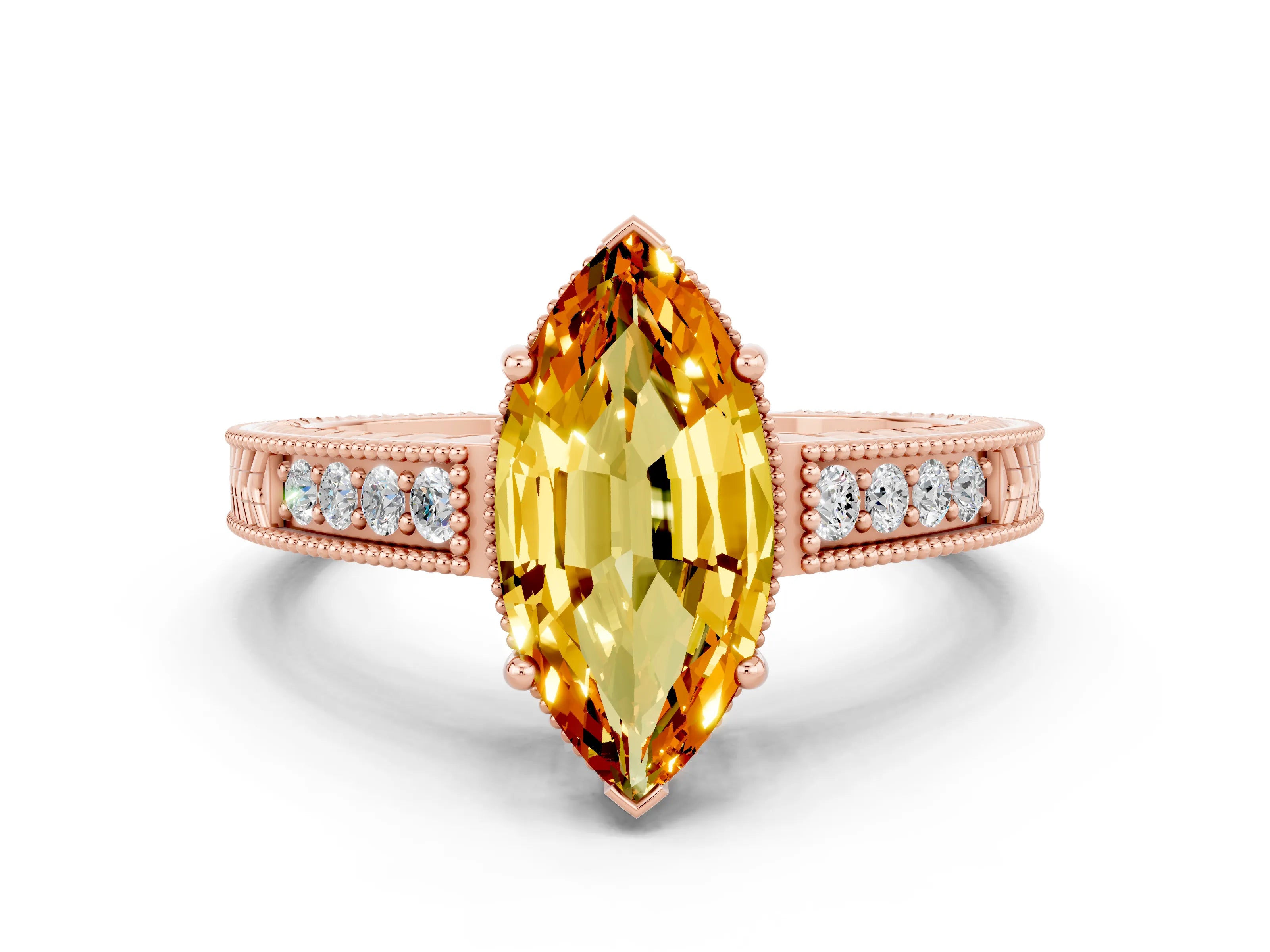 Rose gold Marquise Cut Citrine Engagement Ring with Milgrain Channel Set Band and Prong Setting