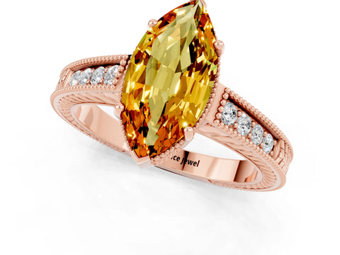 Rose gold Marquise Cut Citrine Engagement Ring with Milgrain Channel Set Band and Prong Setting_1