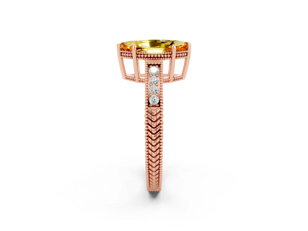 Rose gold Marquise Cut Citrine Engagement Ring with Milgrain Channel Set Band and Prong Setting