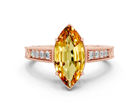 Rose gold Marquise Cut Citrine Engagement Ring with Milgrain Channel Set Band and Prong Setting