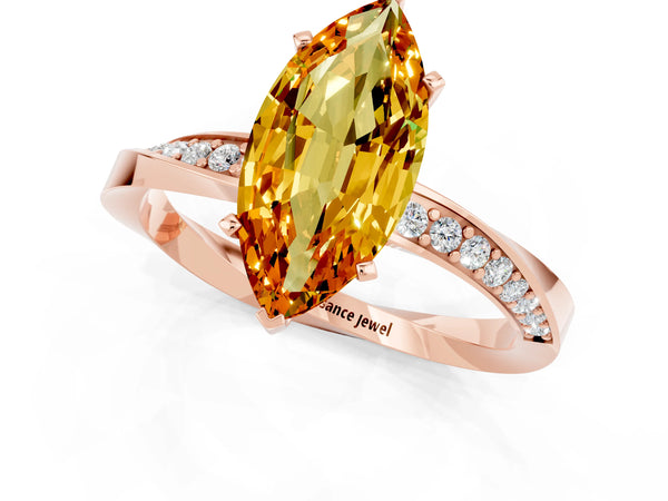 Rose gold Marquise Cut Citrine Engagement Ring with Side Stone Accents and Four-Prong Setting