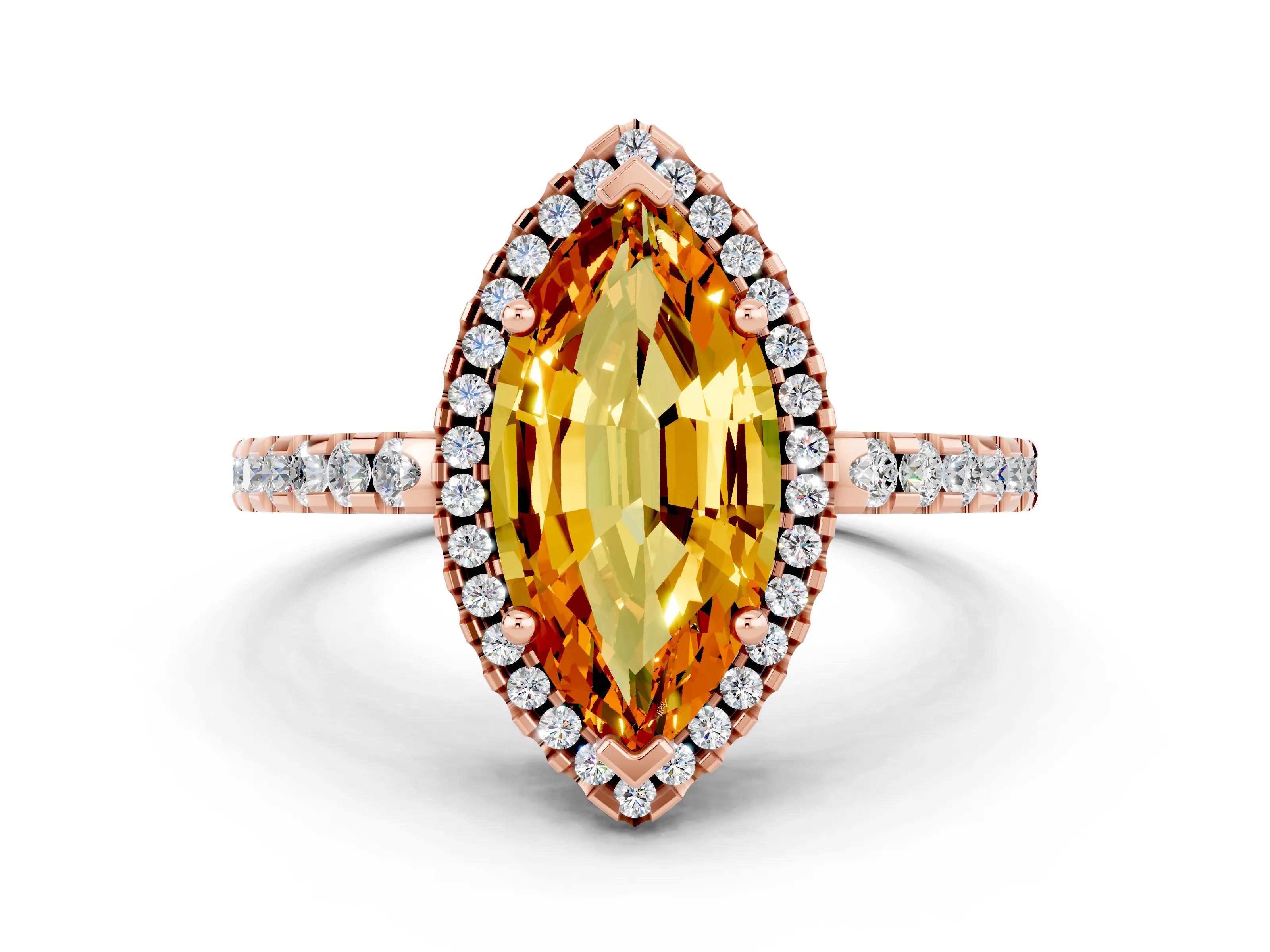 Rose gold Marquise Cut Citrine Halo Engagement Ring with Pavé Band and Prong Setting_12