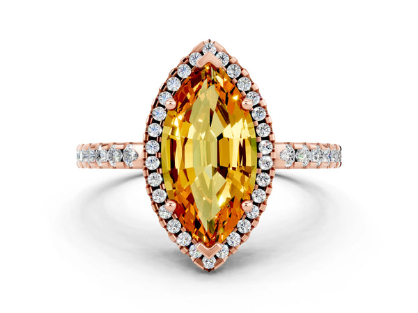 Rose gold Marquise Cut Citrine Halo Engagement Ring with Pavé Band and Prong Setting