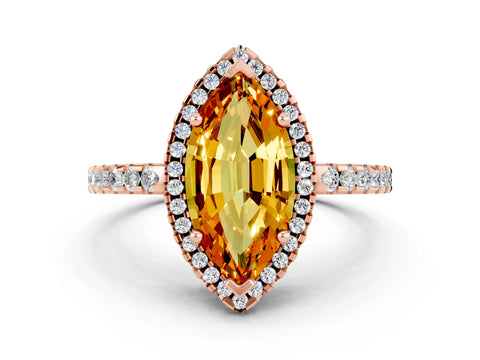 Rose gold Marquise Cut Citrine Halo Engagement Ring with Pavé Band and Prong Setting_12