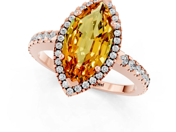 Rose gold Marquise Cut Citrine Halo Engagement Ring with Pavé Band and Prong Setting