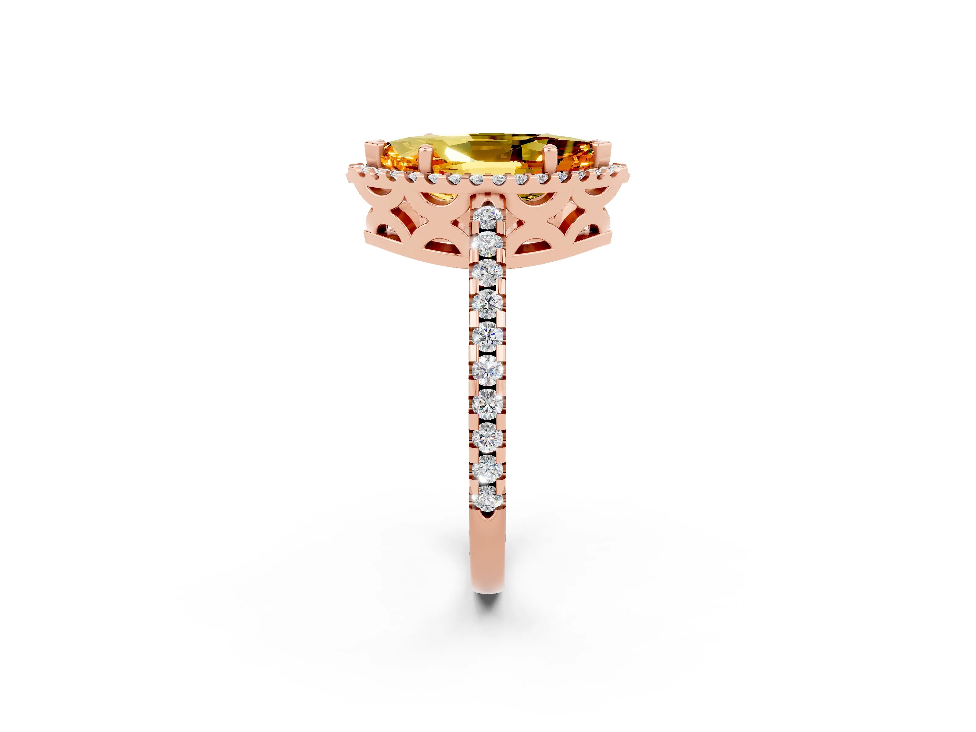 Rose gold Marquise Cut Citrine Halo Engagement Ring with Pavé Band and Prong Setting_14