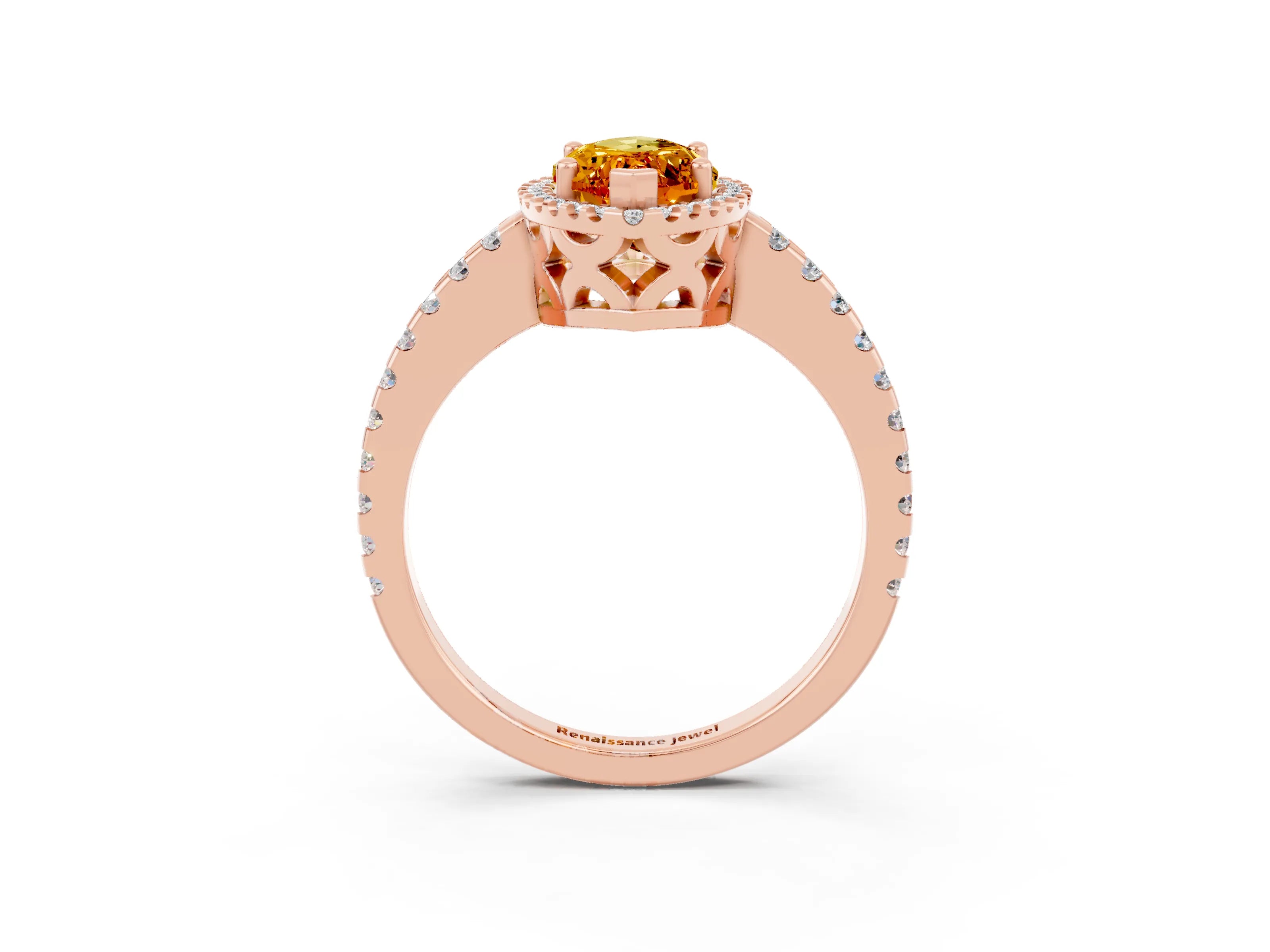 Rose gold Marquise Cut Citrine Halo Engagement Ring with Pavé Band and Prong Setting_15