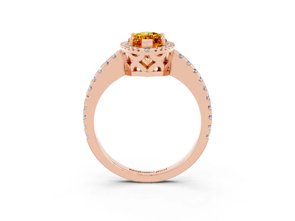 Rose gold Marquise Cut Citrine Halo Engagement Ring with Pavé Band and Prong Setting