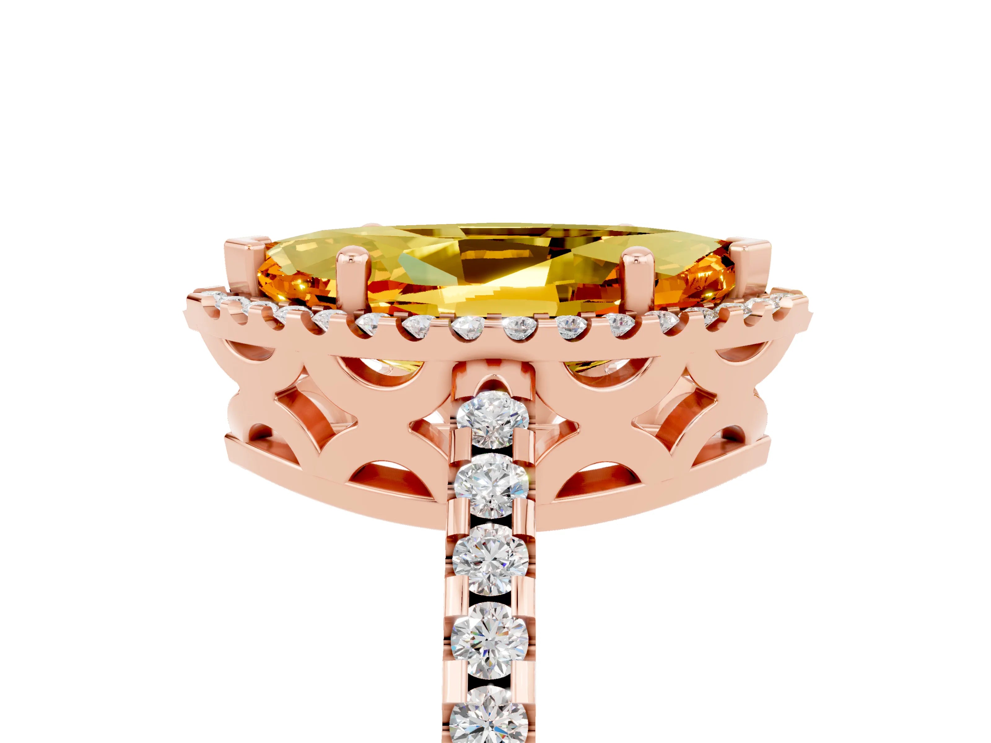 Rose gold Marquise Cut Citrine Halo Engagement Ring with Pavé Band and Prong Setting_17