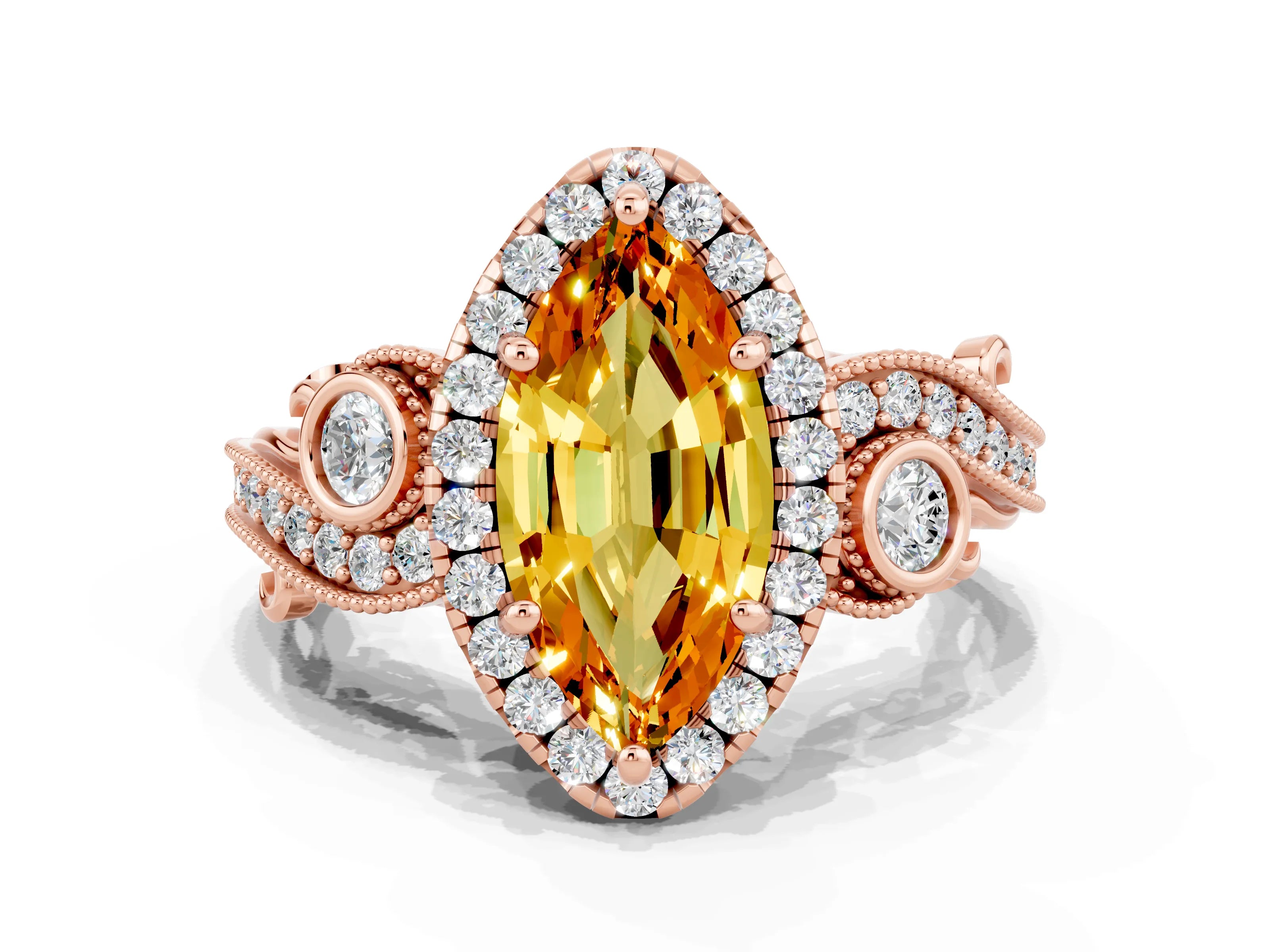 Rose gold Marquise Cut Citrine Halo Ring with Milgrain Pavé Band and Four-Prong Setting_12