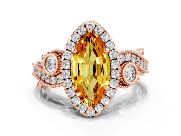 Rose gold Marquise Cut Citrine Halo Ring with Milgrain Pavé Band and Four-Prong Setting
