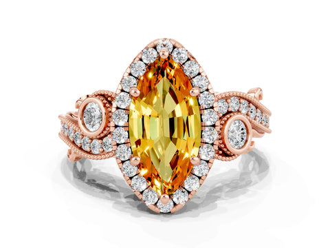 Rose gold Marquise Cut Citrine Halo Ring with Milgrain Pavé Band and Four-Prong Setting_12