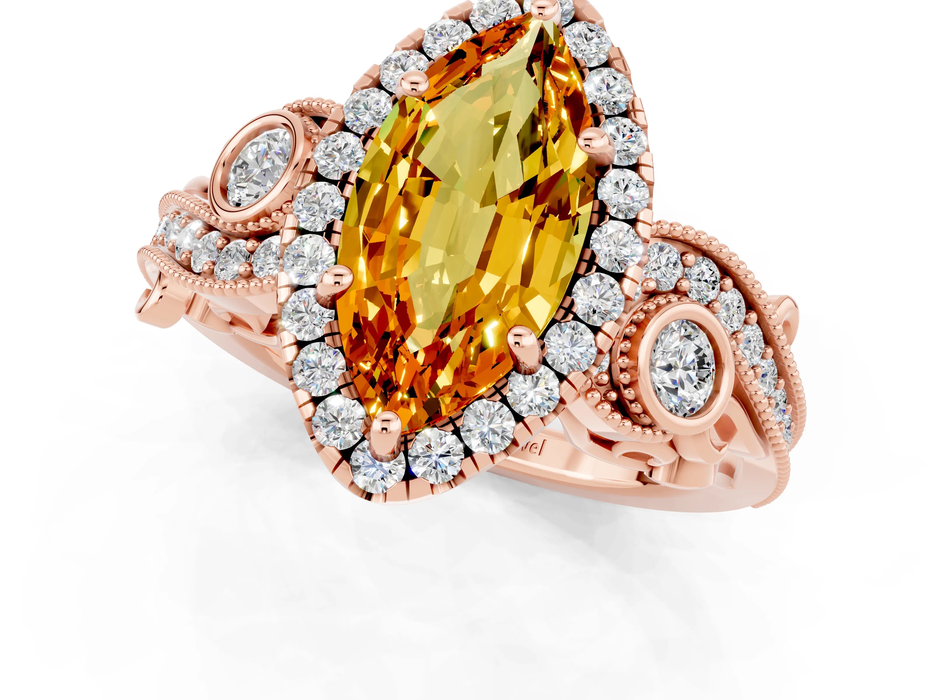 Rose gold Marquise Cut Citrine Halo Ring with Milgrain Pavé Band and Four-Prong Setting_13