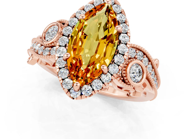 Rose gold Marquise Cut Citrine Halo Ring with Milgrain Pavé Band and Four-Prong Setting
