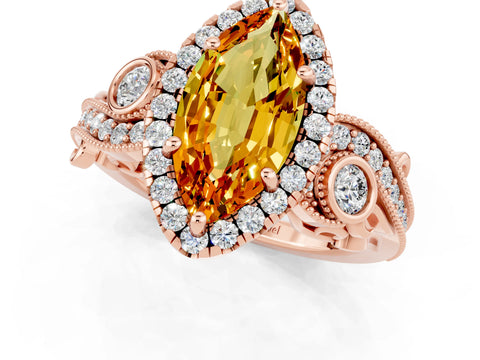 Rose gold Marquise Cut Citrine Halo Ring with Milgrain Pavé Band and Four-Prong Setting_13