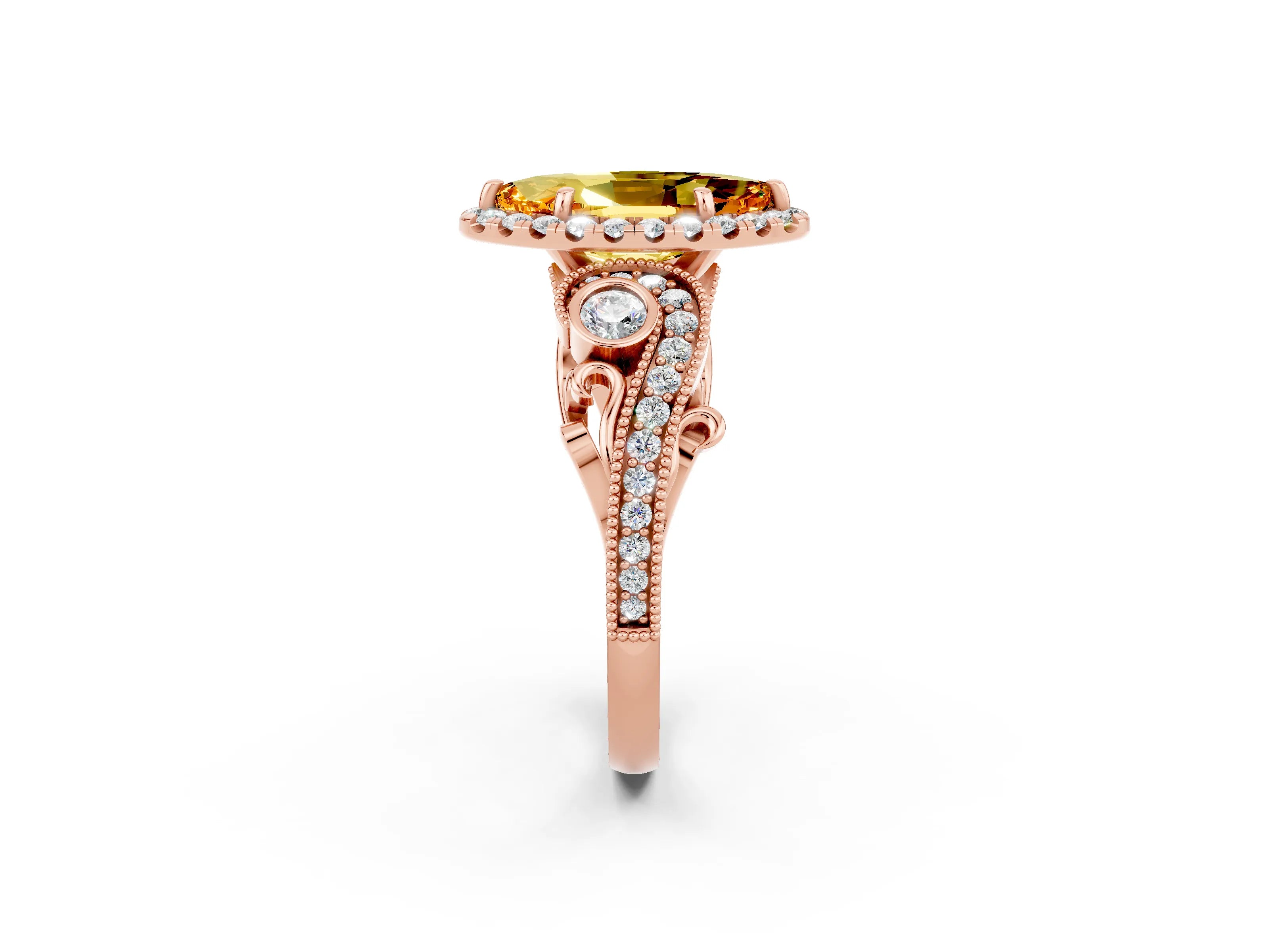 Rose gold Marquise Cut Citrine Halo Ring with Milgrain Pavé Band and Four-Prong Setting_14