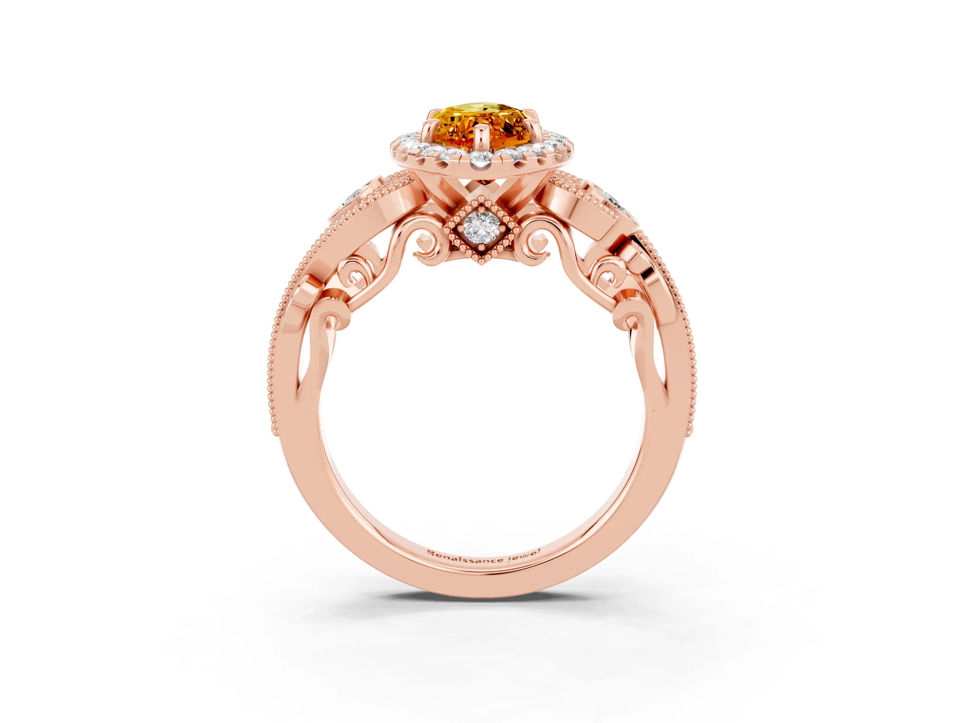Rose gold Marquise Cut Citrine Halo Ring with Milgrain Pavé Band and Four-Prong Setting_15