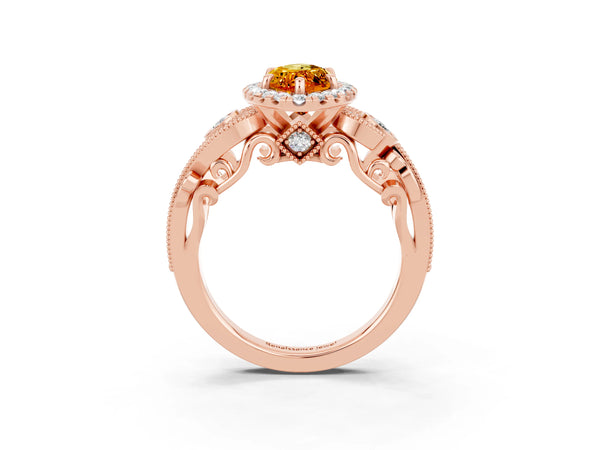 Rose gold Marquise Cut Citrine Halo Ring with Milgrain Pavé Band and Four-Prong Setting