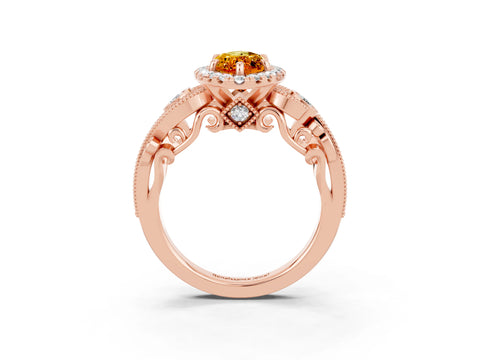 Rose gold Marquise Cut Citrine Halo Ring with Milgrain Pavé Band and Four-Prong Setting_15