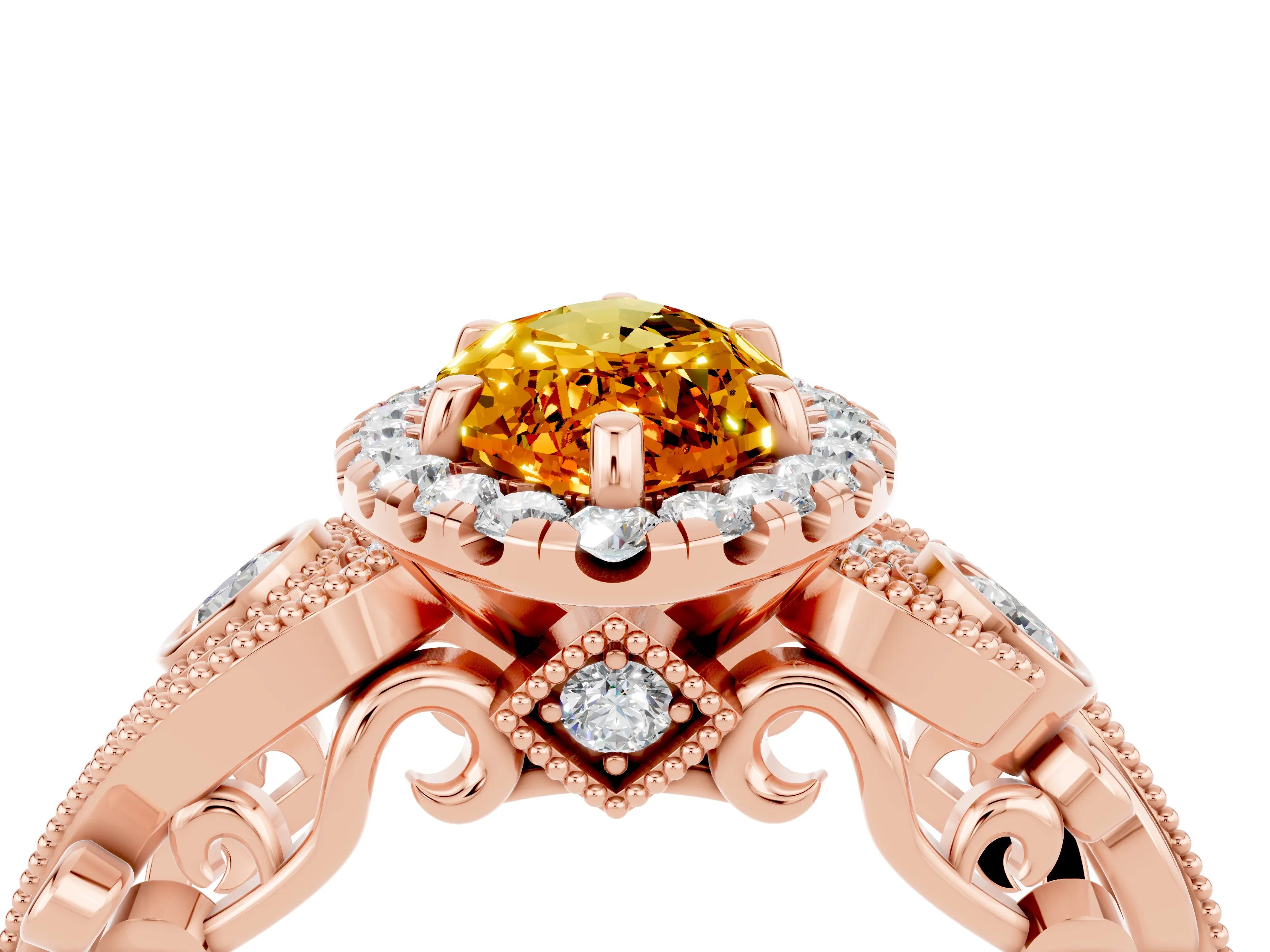Rose gold Marquise Cut Citrine Halo Ring with Milgrain Pavé Band and Four-Prong Setting_16