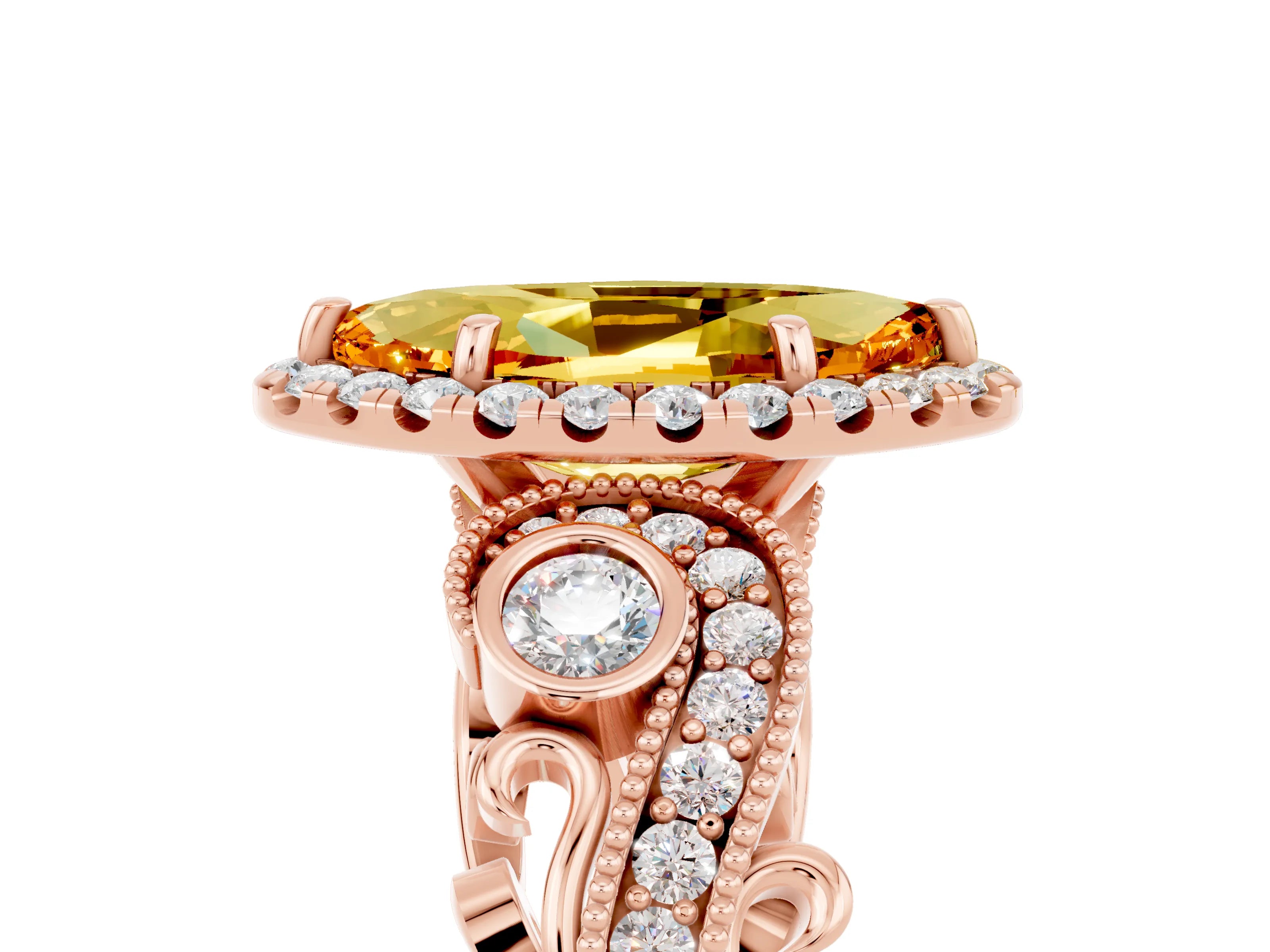Rose gold Marquise Cut Citrine Halo Ring with Milgrain Pavé Band and Four-Prong Setting_17