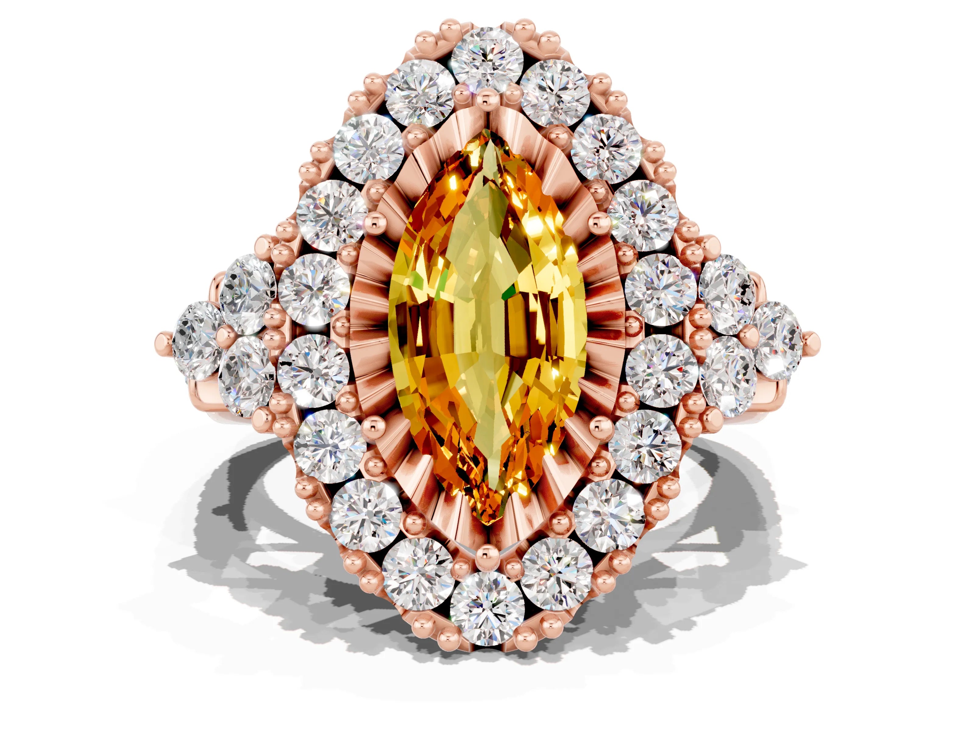 Rose gold Marquise Cut Citrine Halo Ring with Pavé Band and Four-Prong Setting_12