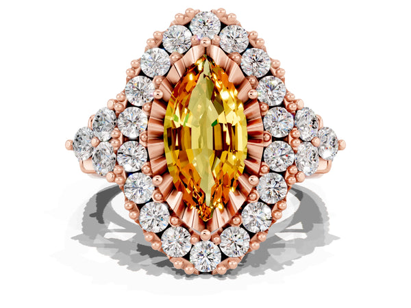 Rose gold Marquise Cut Citrine Halo Ring with Pavé Band and Four-Prong Setting