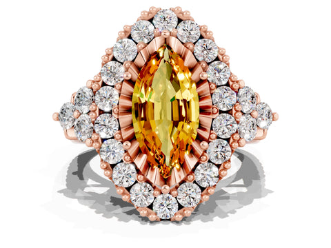 Rose gold Marquise Cut Citrine Halo Ring with Pavé Band and Four-Prong Setting_12