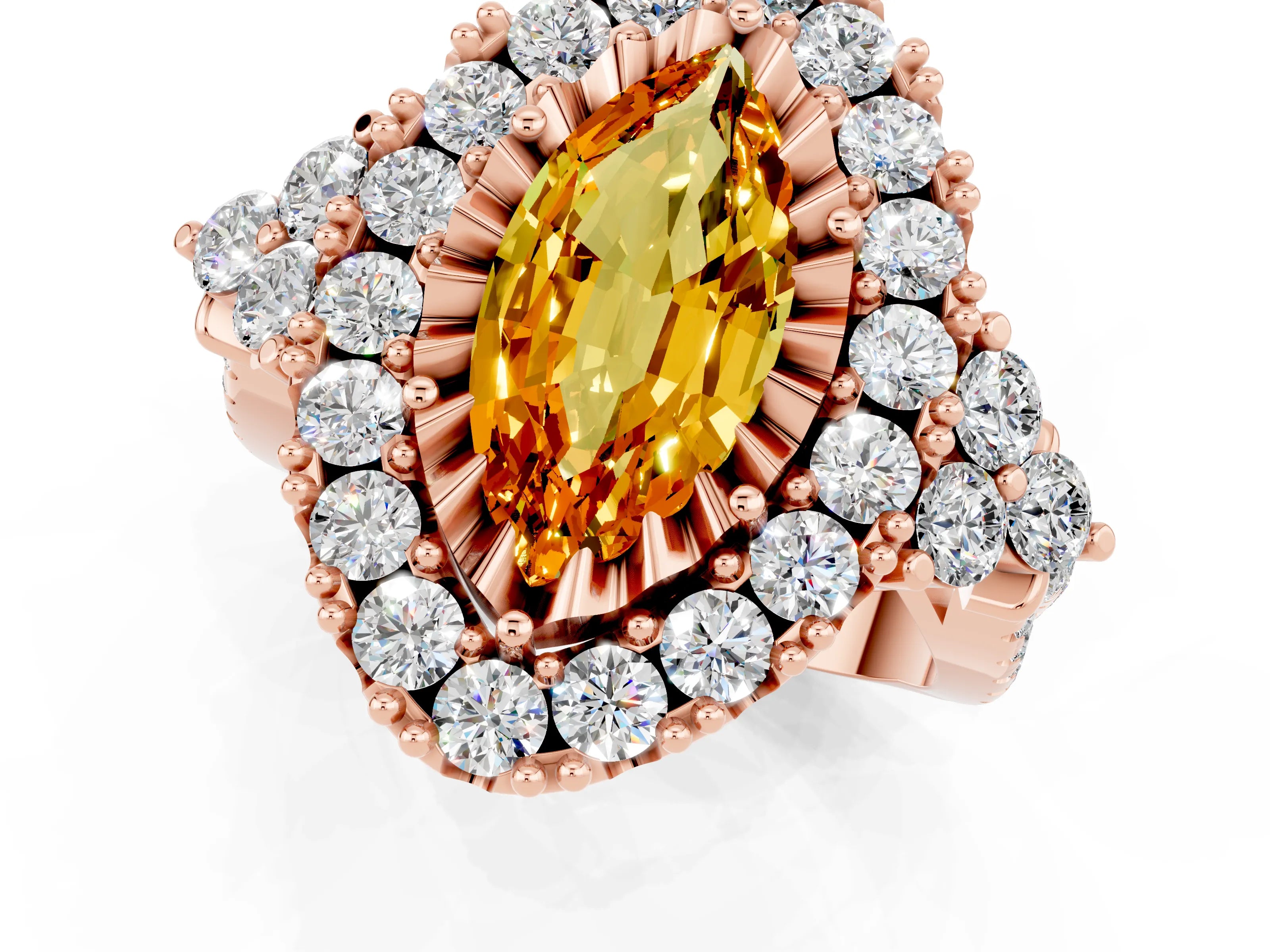 Rose gold Marquise Cut Citrine Halo Ring with Pavé Band and Four-Prong Setting_13