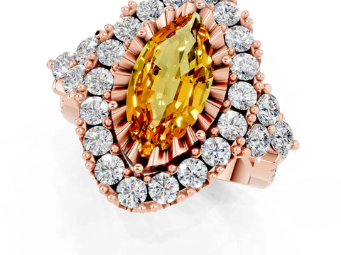 Rose gold Marquise Cut Citrine Halo Ring with Pavé Band and Four-Prong Setting_13