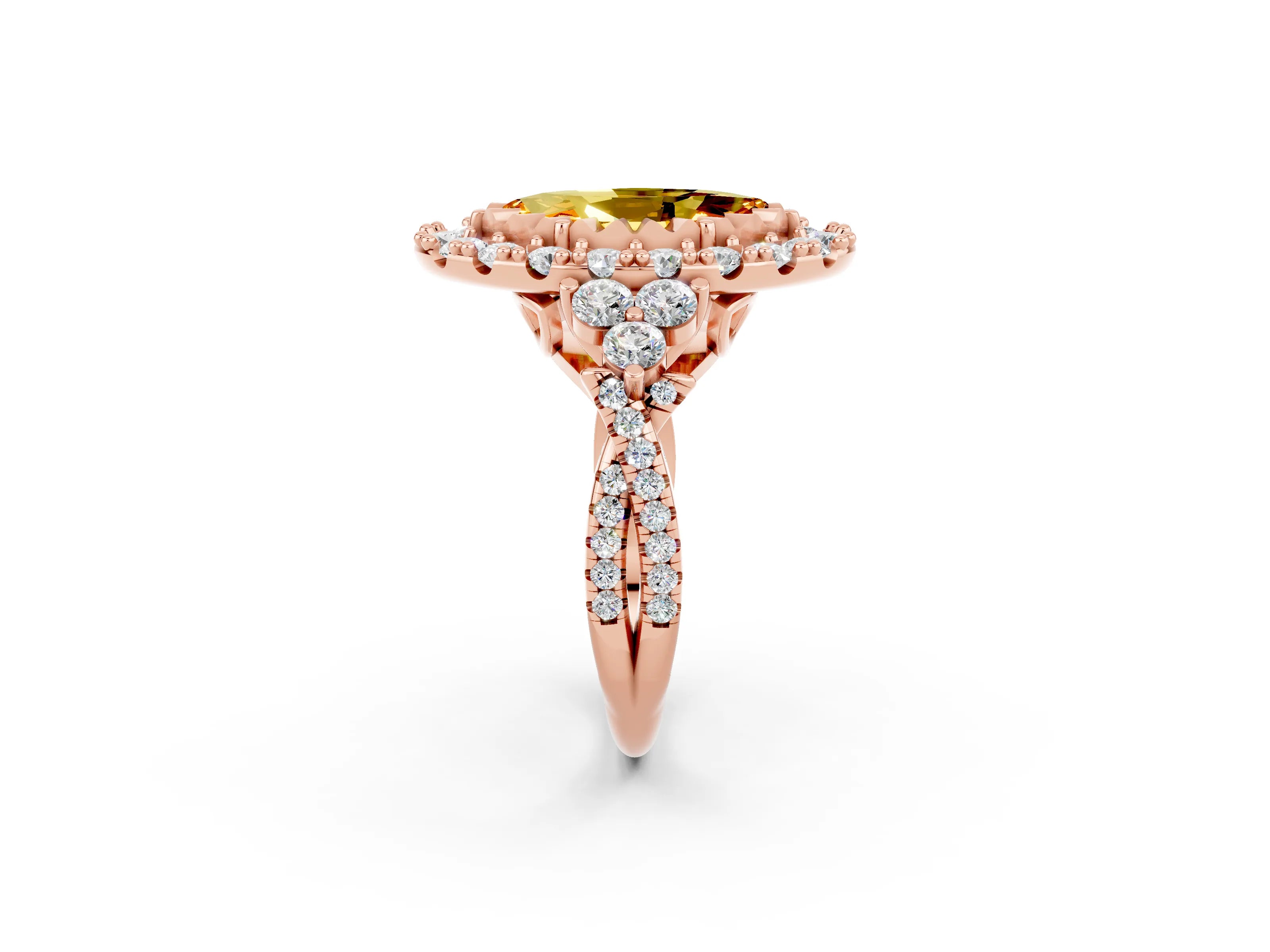 Rose gold Marquise Cut Citrine Halo Ring with Pavé Band and Four-Prong Setting_14