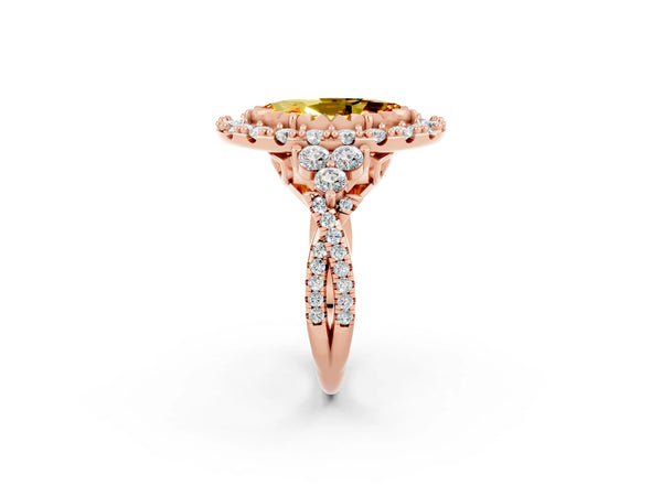 Rose gold Marquise Cut Citrine Halo Ring with Pavé Band and Four-Prong Setting