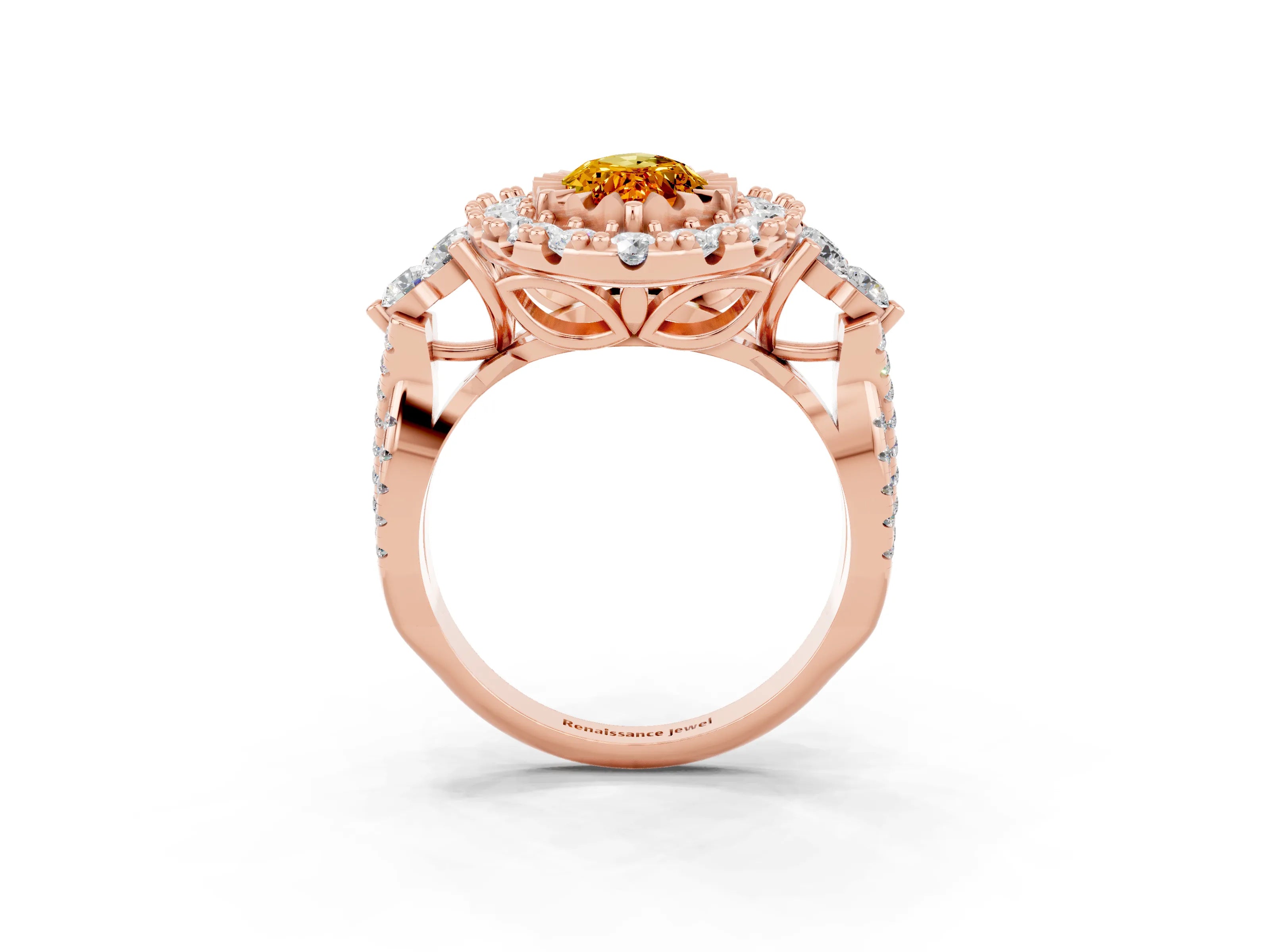 Rose gold Marquise Cut Citrine Halo Ring with Pavé Band and Four-Prong Setting_15