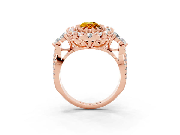 Rose gold Marquise Cut Citrine Halo Ring with Pavé Band and Four-Prong Setting