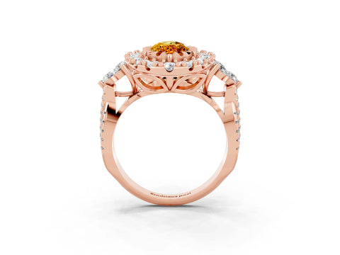 Rose gold Marquise Cut Citrine Halo Ring with Pavé Band and Four-Prong Setting_15