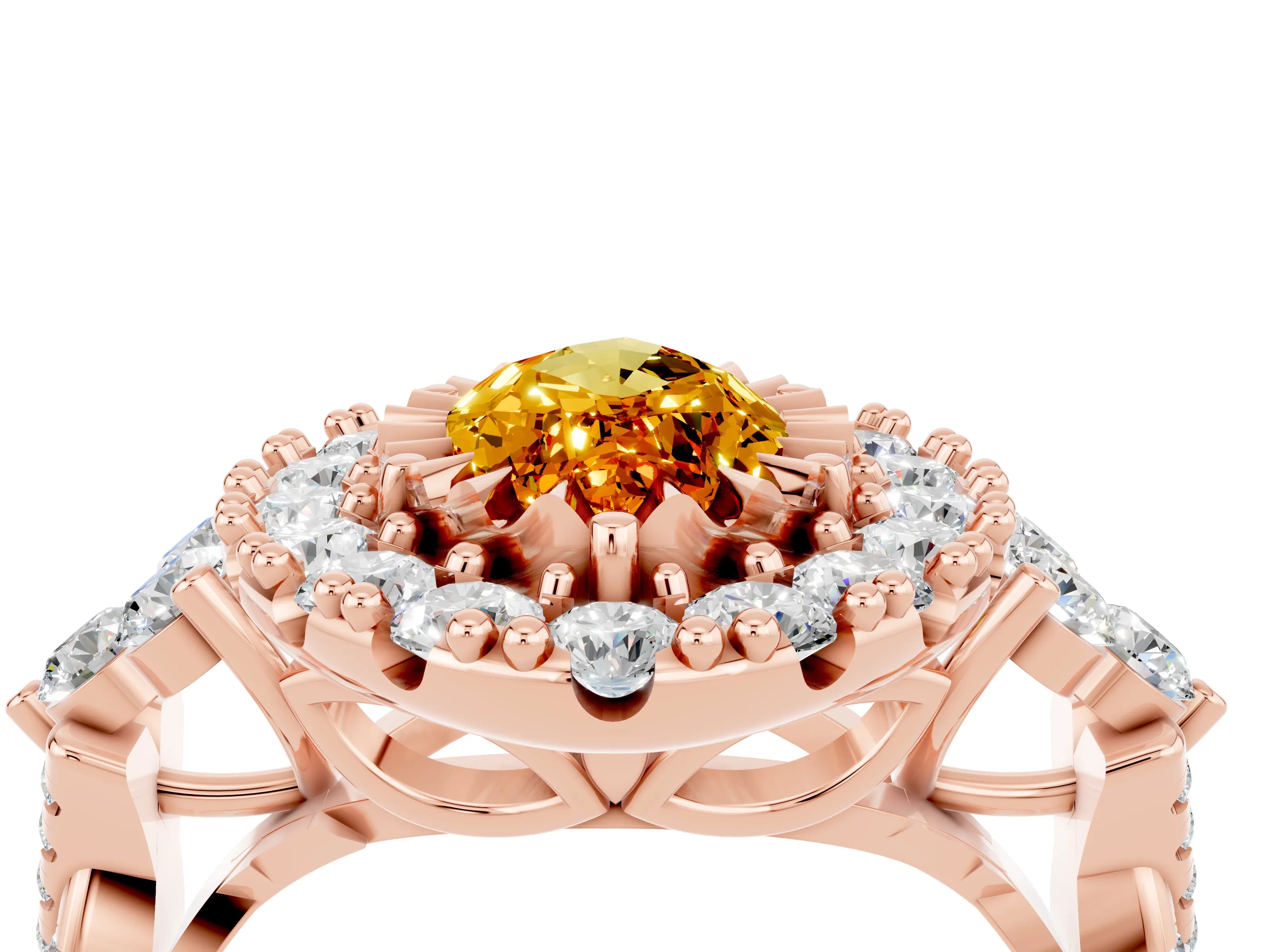 Rose gold Marquise Cut Citrine Halo Ring with Pavé Band and Four-Prong Setting_16