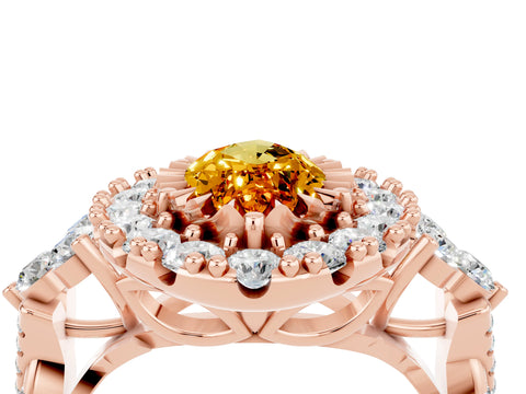 Rose gold Marquise Cut Citrine Halo Ring with Pavé Band and Four-Prong Setting_16