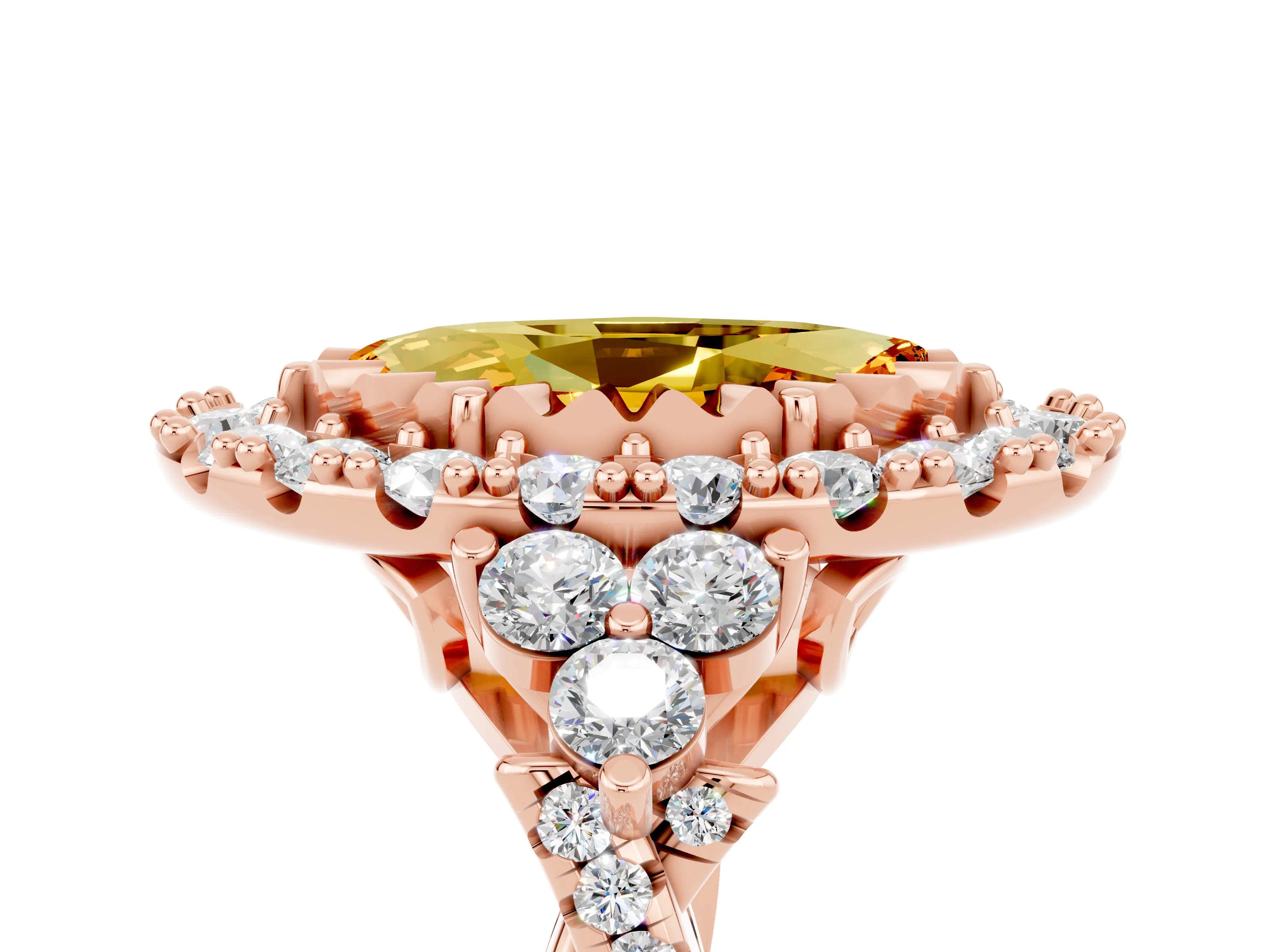 Rose gold Marquise Cut Citrine Halo Ring with Pavé Band and Four-Prong Setting_17