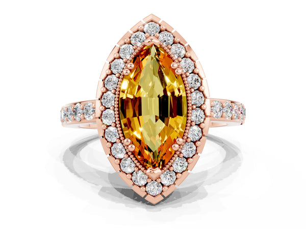 Rose gold Marquise Cut Citrine Halo Ring with Pavé Band and Prong Setting