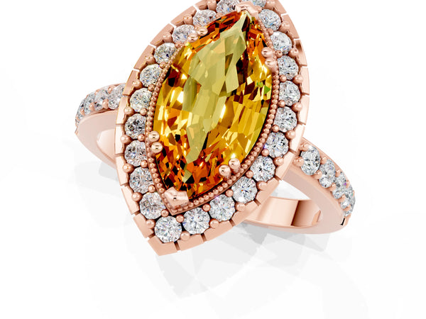 Rose gold Marquise Cut Citrine Halo Ring with Pavé Band and Prong Setting