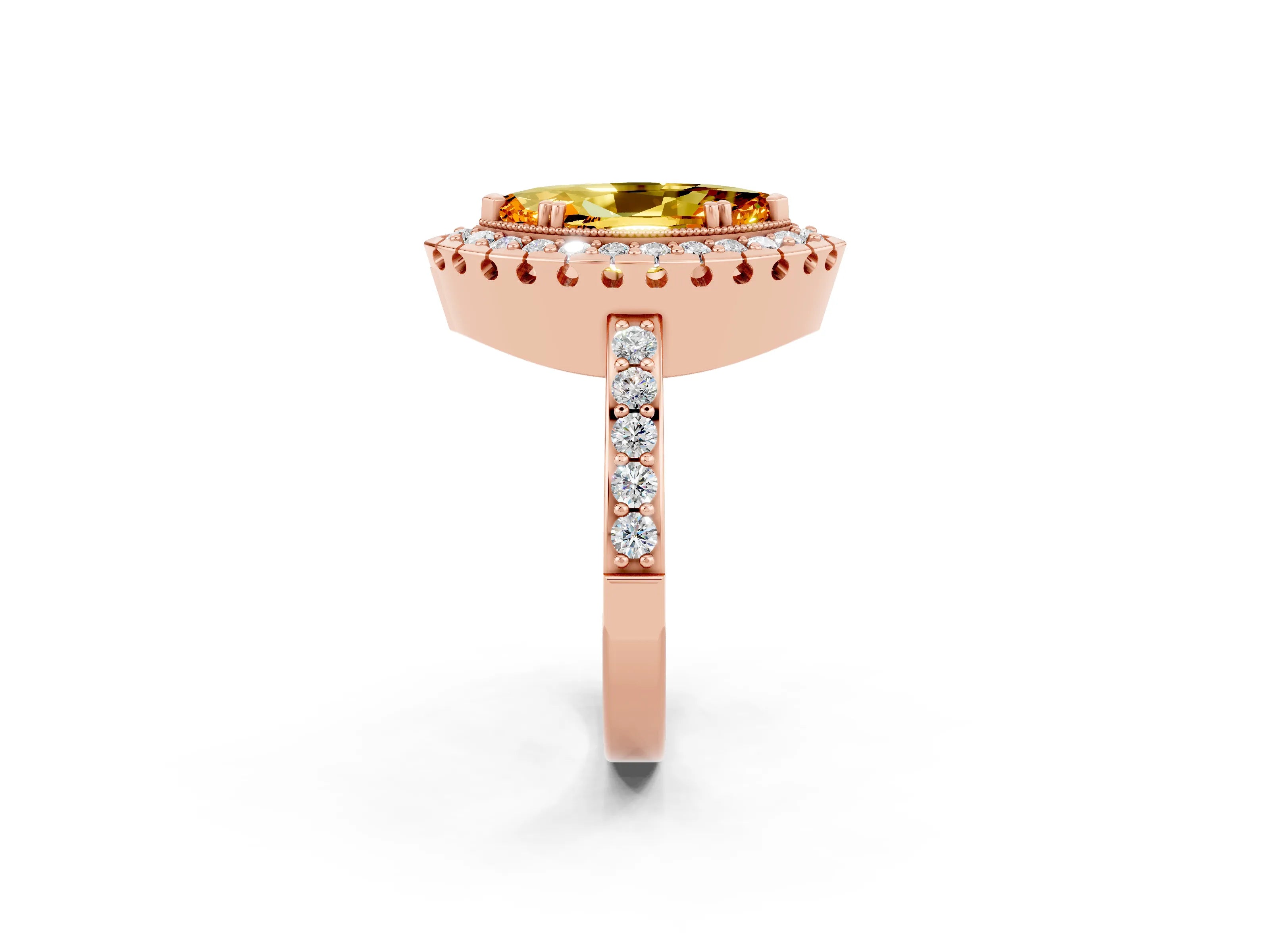 Rose gold Marquise Cut Citrine Halo Ring with Pavé Band and Prong Setting_2