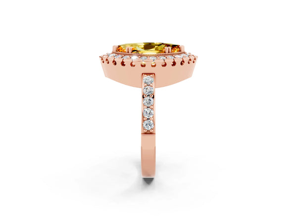 Rose gold Marquise Cut Citrine Halo Ring with Pavé Band and Prong Setting