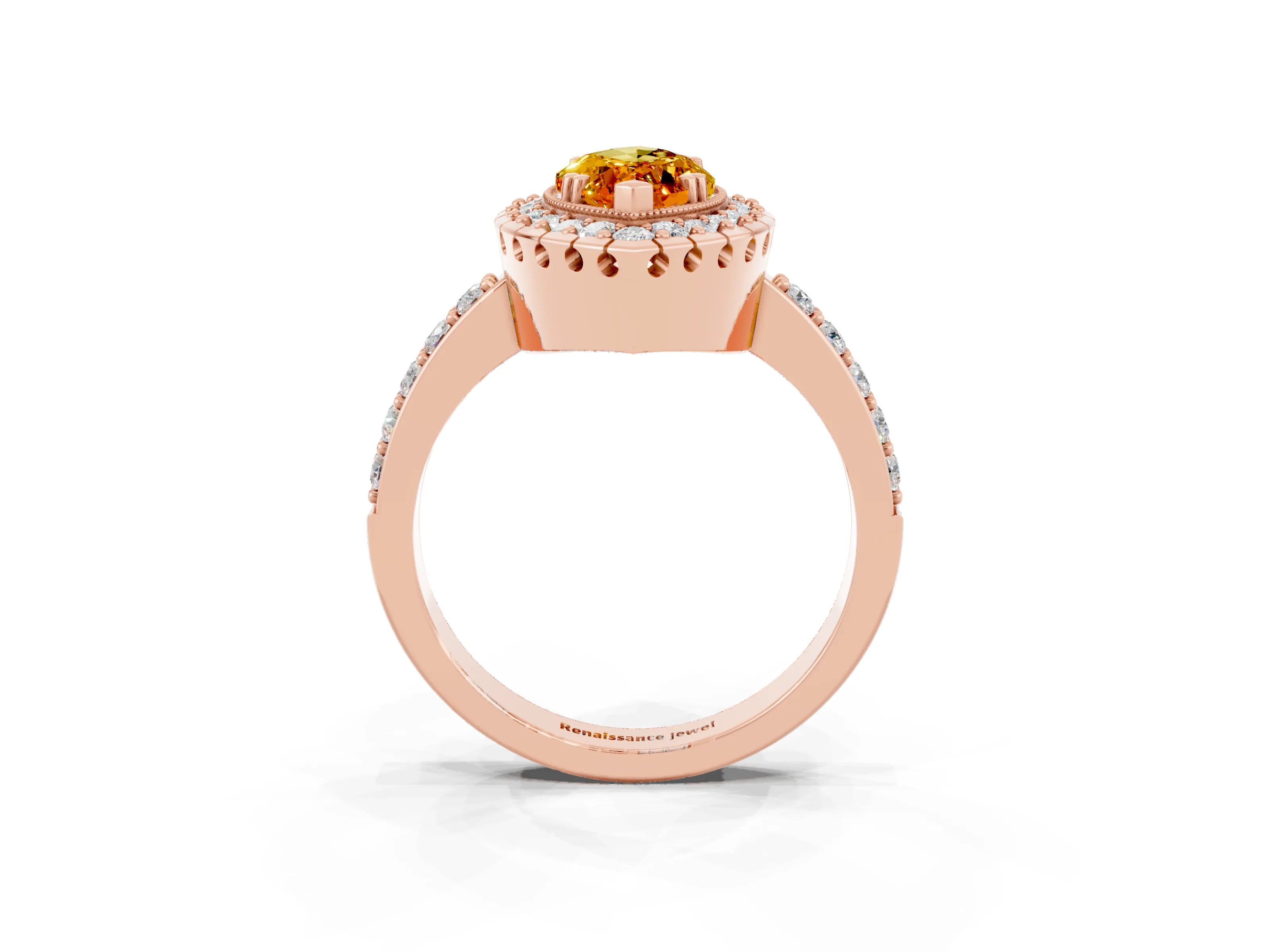 Rose gold Marquise Cut Citrine Halo Ring with Pavé Band and Prong Setting_3