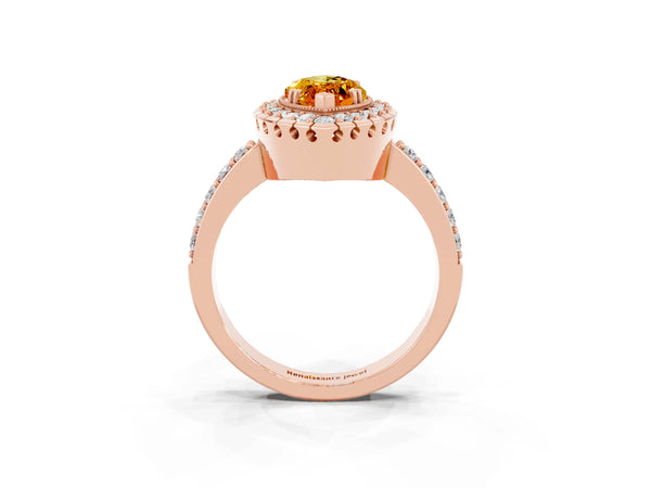 Rose gold Marquise Cut Citrine Halo Ring with Pavé Band and Prong Setting