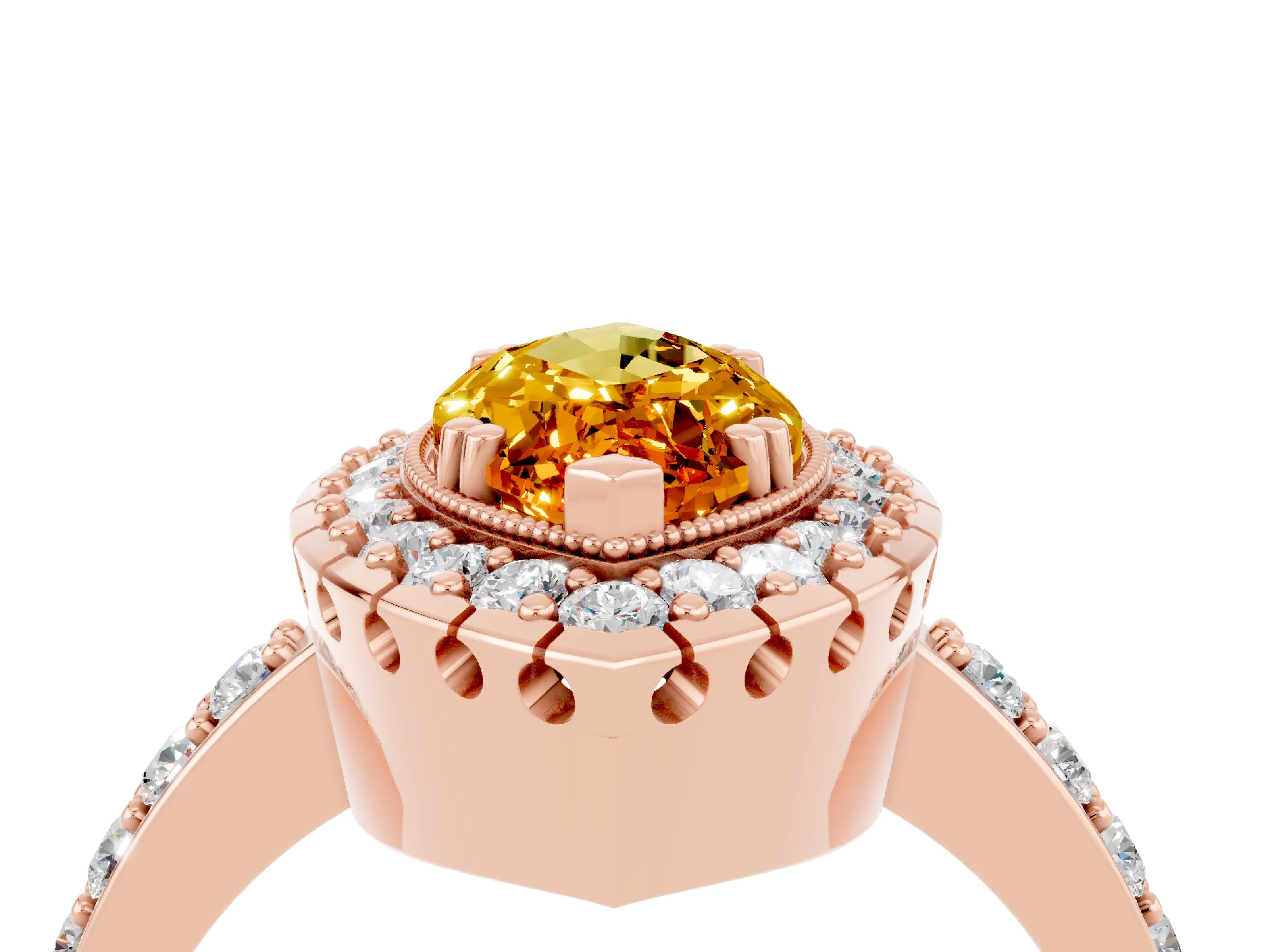 Rose gold Marquise Cut Citrine Halo Ring with Pavé Band and Prong Setting_4