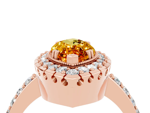 Rose gold Marquise Cut Citrine Halo Ring with Pavé Band and Prong Setting_4