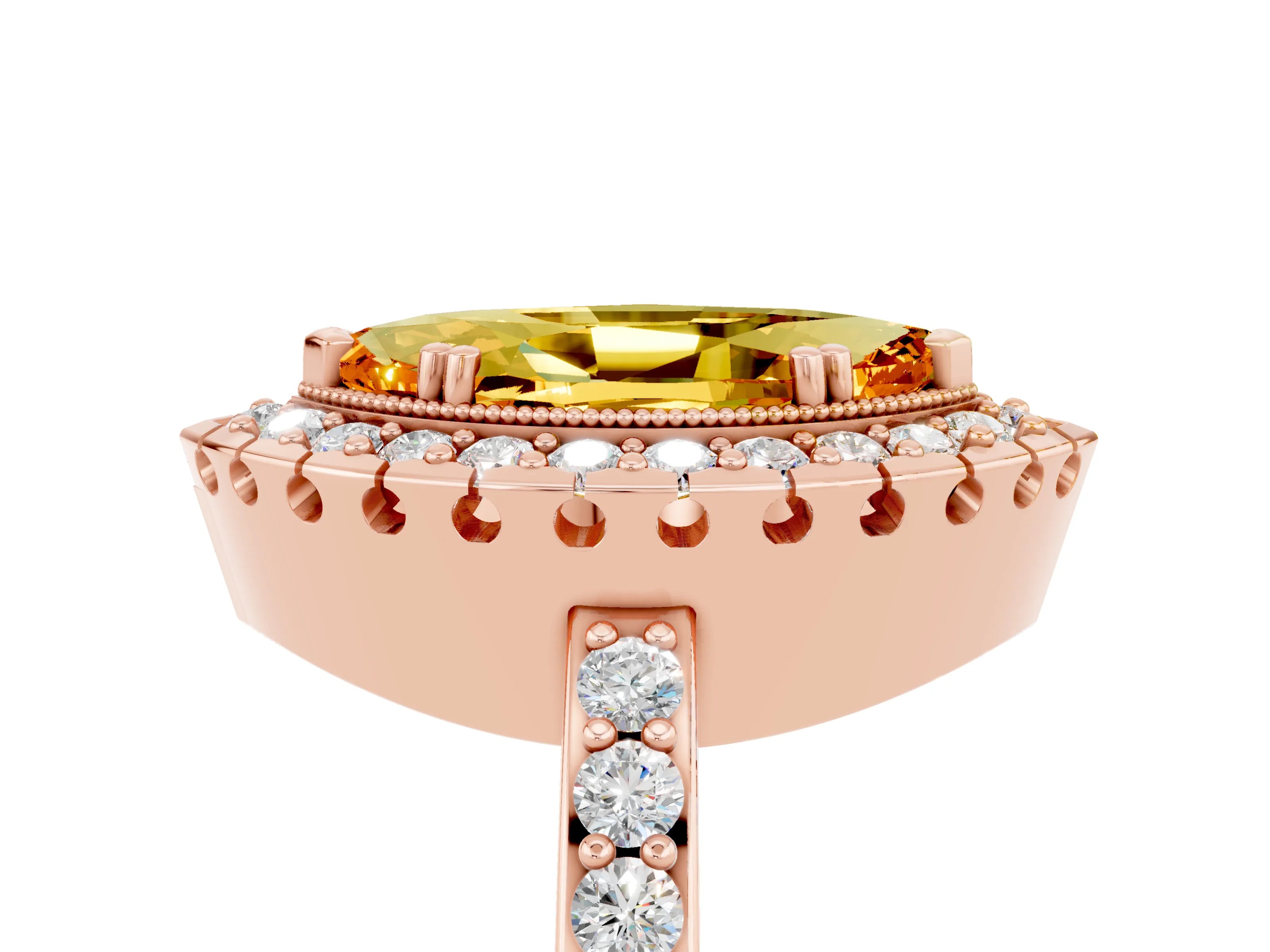 Rose gold Marquise Cut Citrine Halo Ring with Pavé Band and Prong Setting_5