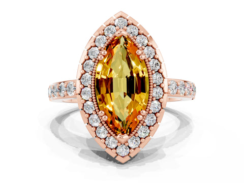 Rose gold Marquise Cut Citrine Halo Ring with Pavé Band and Prong Setting