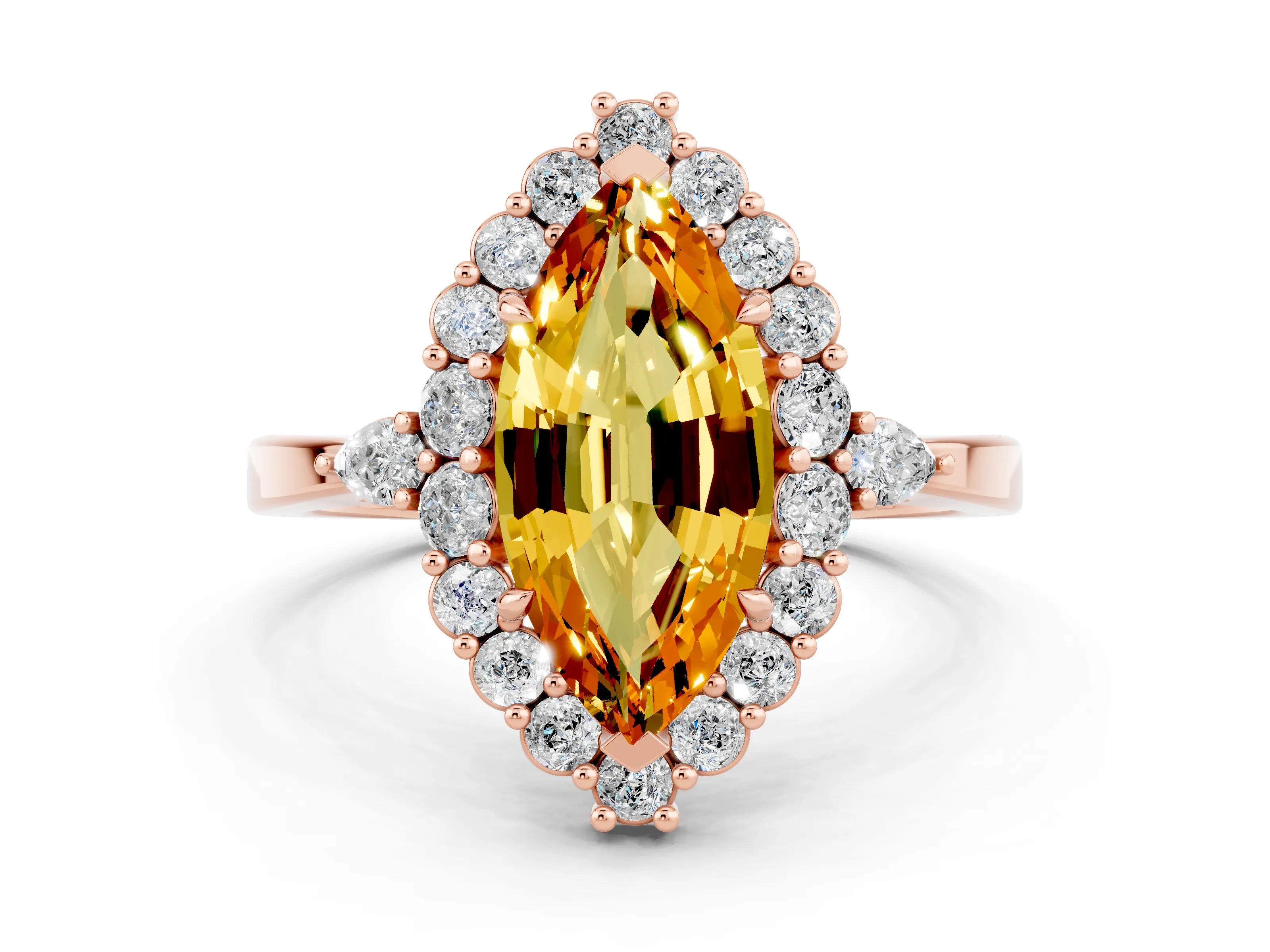 Rose gold Marquise Cut Citrine Halo Ring with Pear Side Stones and Prong Setting_12