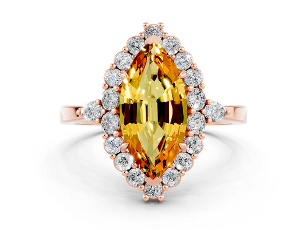 Rose gold Marquise Cut Citrine Halo Ring with Pear Side Stones and Prong Setting
